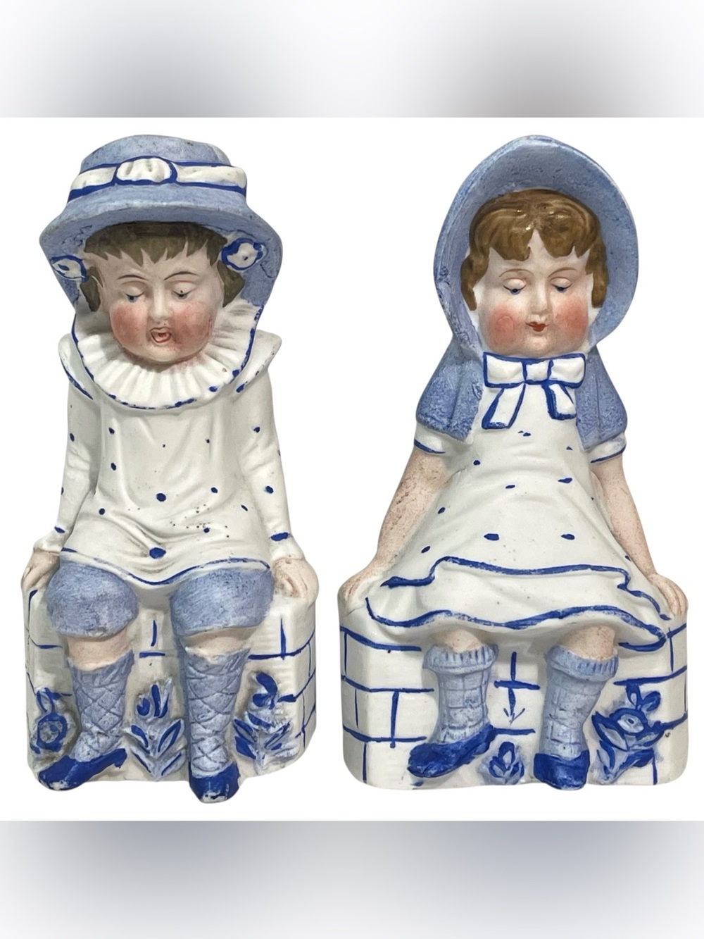 Antique 1880s German Bisque Porcelain Blue And White Figurines - Boy and Girl